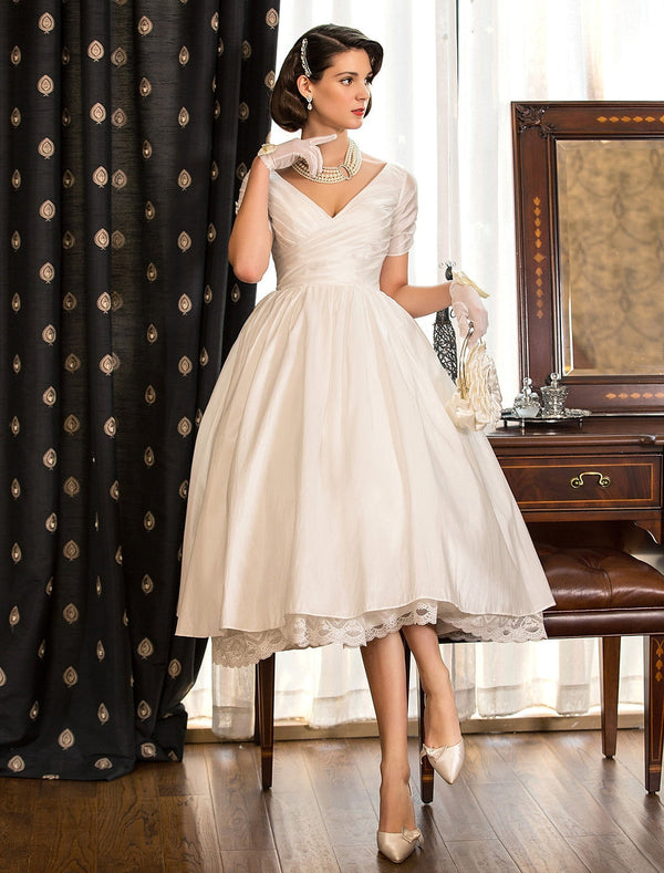 Ball Gown V-Neck Silk Satin Short Sleeves Tea-length Lace Ruched Wedding Dress BabaMila
