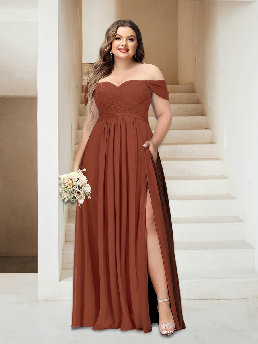 A-Line/Princess Off-the-Shoulder Sleeveless Chiffon Plus Size Bridesmaid Dresses with Pockets BabaMila