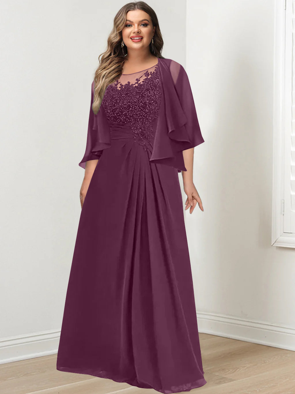 A-Line/Princess Scoop Floor-Length Plus Size Mother Of The Bride Dresses With Pleated & Sequins BabaMila