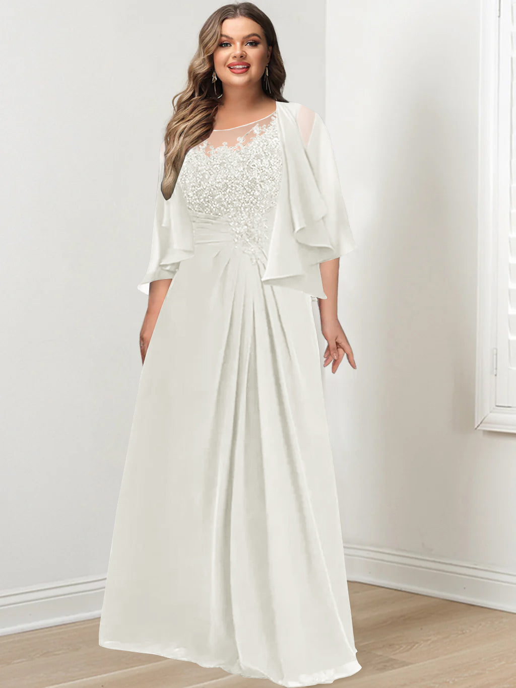 A-Line/Princess Scoop Floor-Length Plus Size Mother Of The Bride Dresses With Pleated & Sequins BabaMila