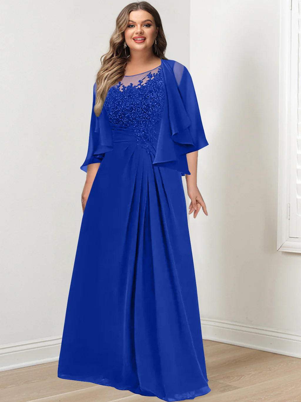 A-Line/Princess Scoop Floor-Length Plus Size Mother Of The Bride Dresses With Pleated & Sequins BabaMila