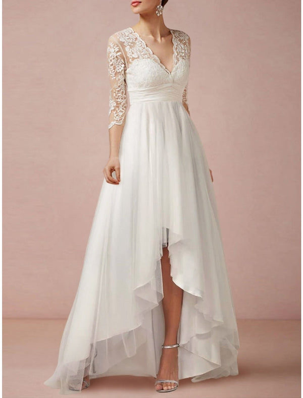A-Line/Princess V-Neck Tulle Half Sleeve Asymmetrical Lace Applique Wedding Dress BabaMila