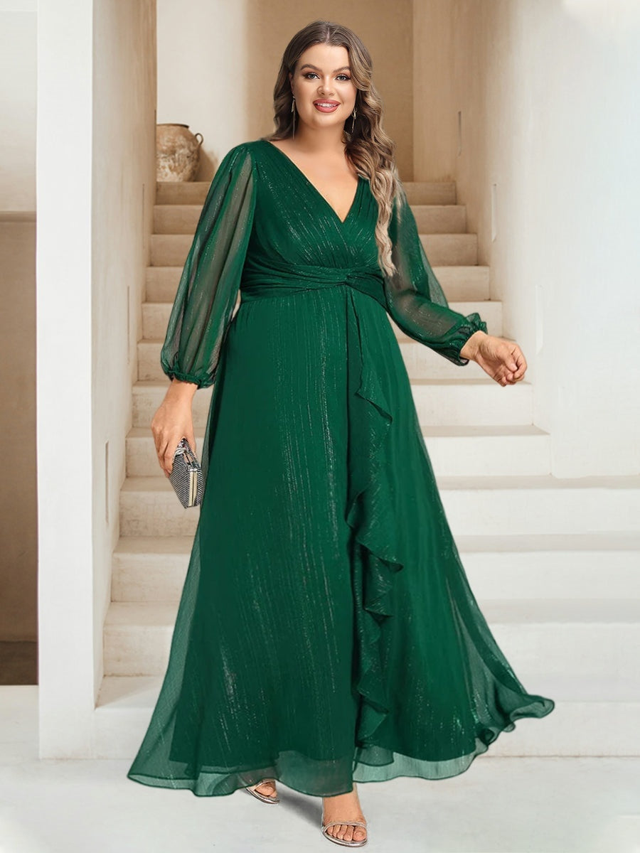 A-Line/Princess V-Neck Ankle-Length Long Sleeves Plus Size Bridesmaid Dresses BabaMila