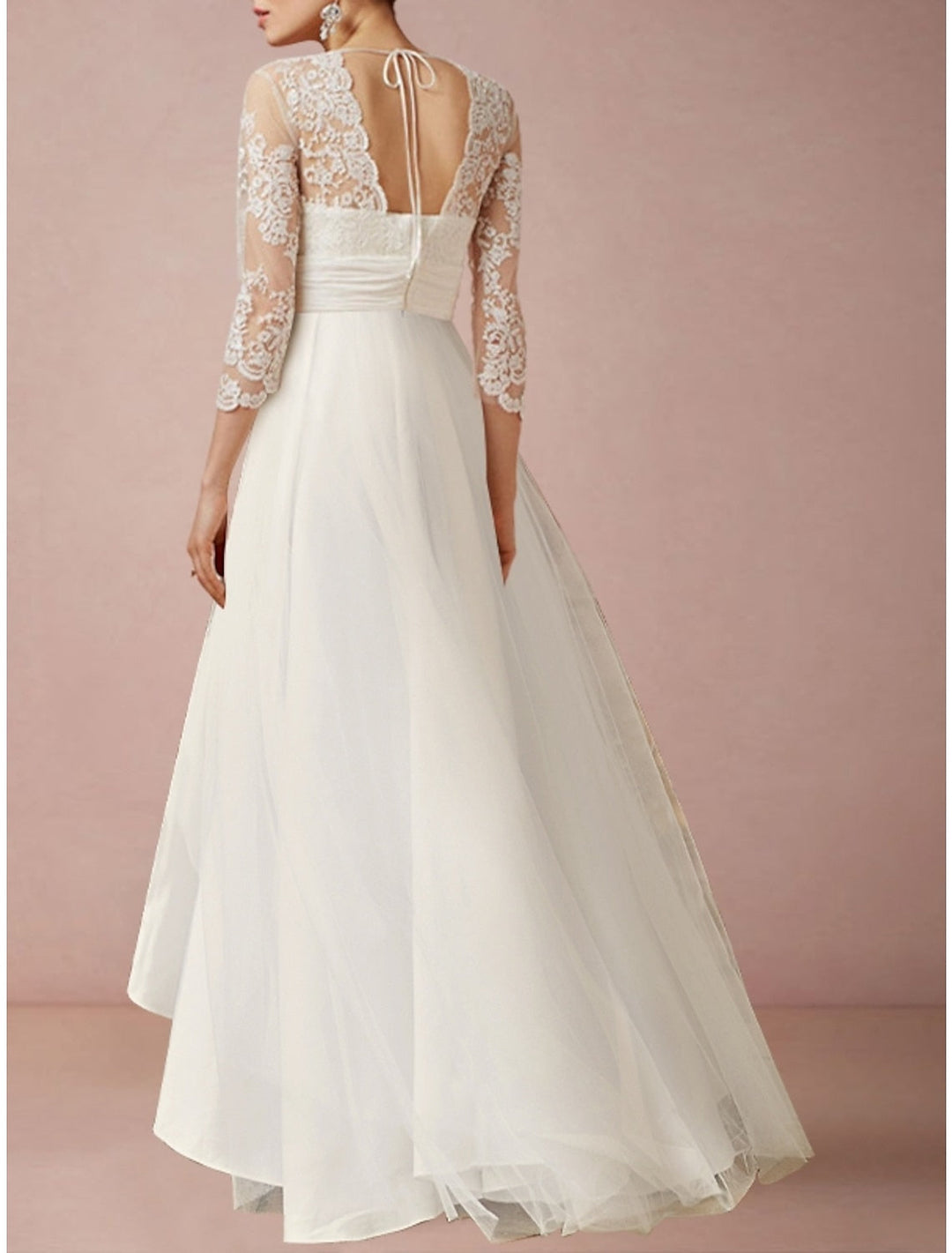 A-Line/Princess V-Neck Tulle Half Sleeve Asymmetrical Lace Applique Wedding Dress BabaMila