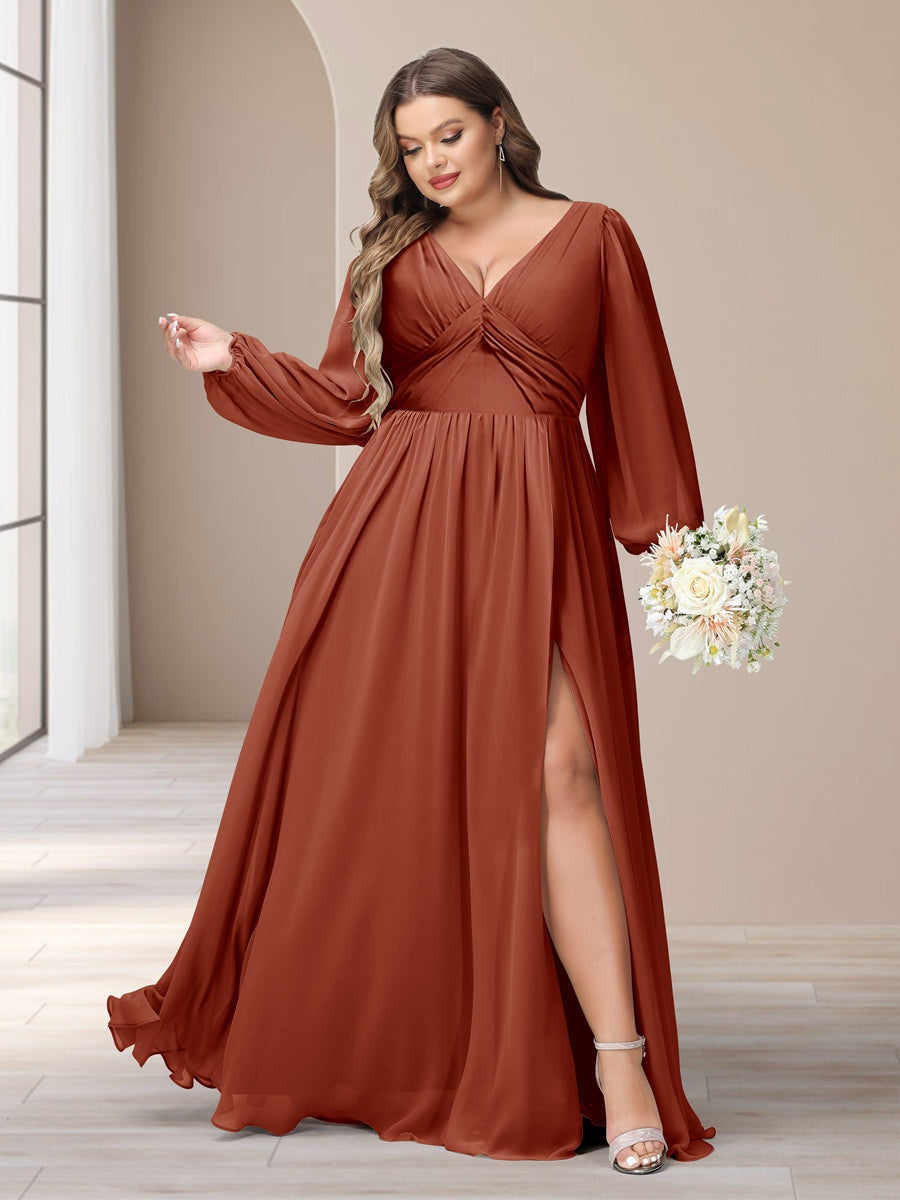 A-Line/Princess V-Neck Long Sleeves Chiffon Long Plus Size Bridesmaid Dresses With Split Side BabaMila