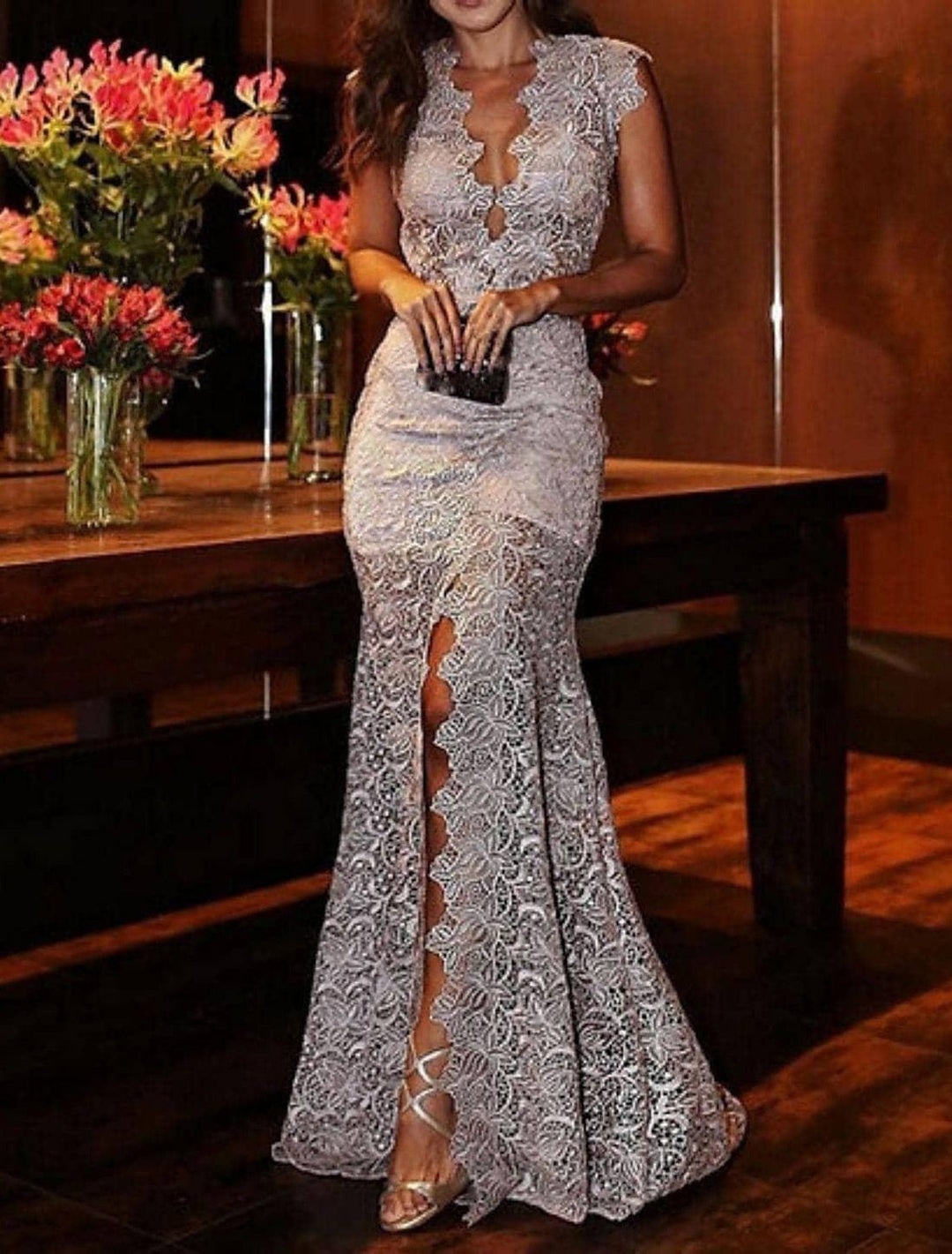 Trumpet/Mermaid V-Neck Floor-length Lace Wedding Dress With Split Side BabaMila
