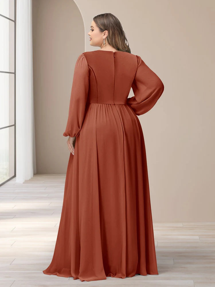 A-Line/Princess V-Neck Long Sleeves Chiffon Long Plus Size Bridesmaid Dresses With Split Side BabaMila
