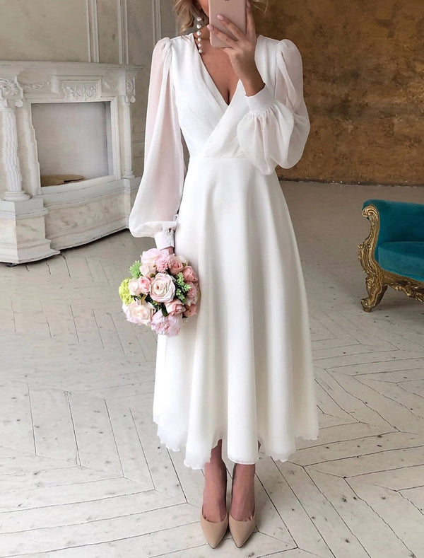A-Line/Princess Chiffon V-Neck Tea-length Ruched Wedding Dress BabaMila