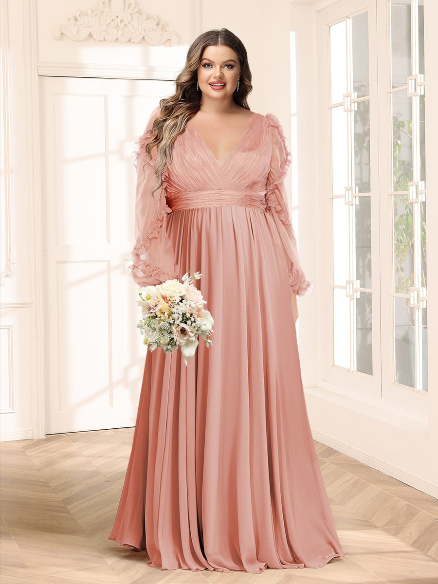 A-Line/Princess V-Neck Long Sleeves Chiffon Empire Plus Size Bridesmaid Dresses BabaMila