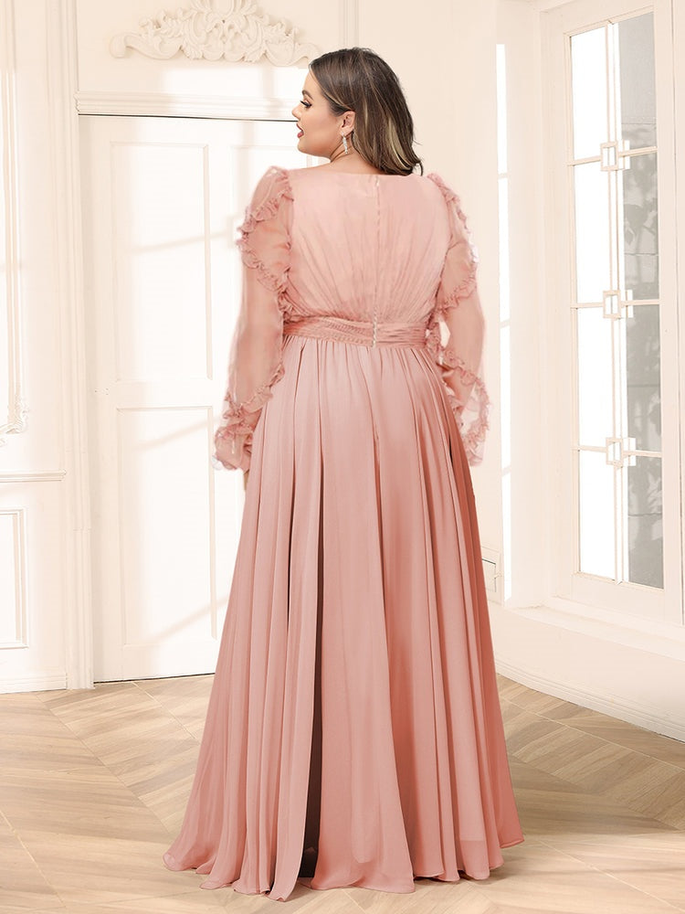A-Line/Princess V-Neck Long Sleeves Chiffon Empire Plus Size Bridesmaid Dresses BabaMila