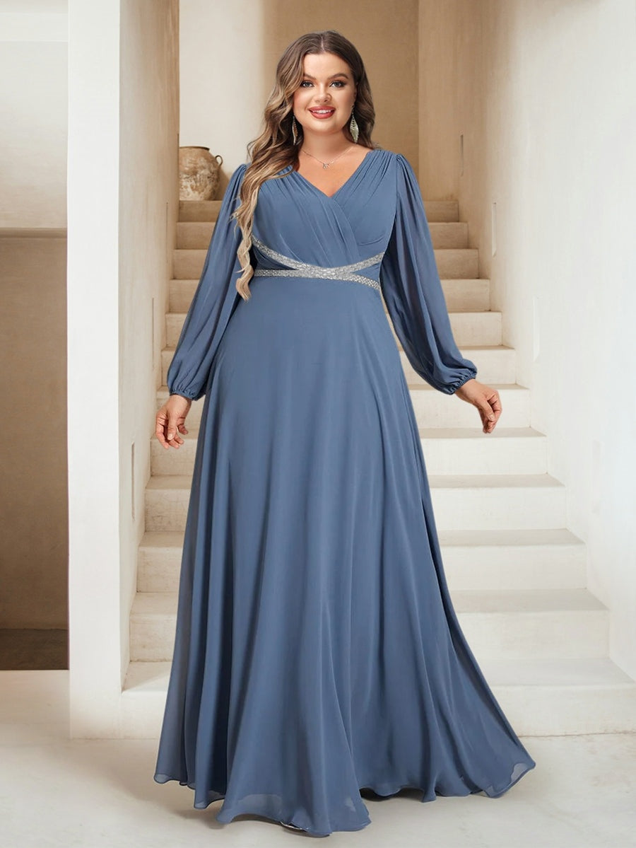 A-Line/Princess V-Neck Floor-Length Plus Size Bridesmaid Dresses With Sash BabaMila