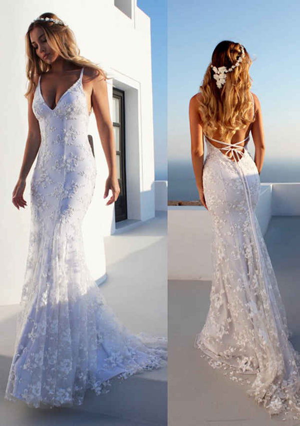 Trumpet/Mermaid Spaghetti Straps V-Neck Floor-length Lace Wedding Dress BabaMila
