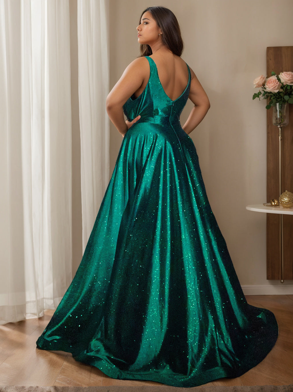 A-Line/Princess V-Neck Sleeveless Floor-Length Satin Prom Evening Dresses with Split Side BabaMila