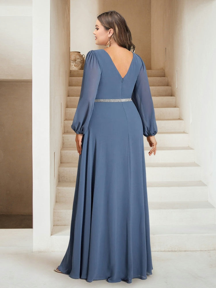 A-Line/Princess V-Neck Floor-Length Plus Size Bridesmaid Dresses With Sash BabaMila
