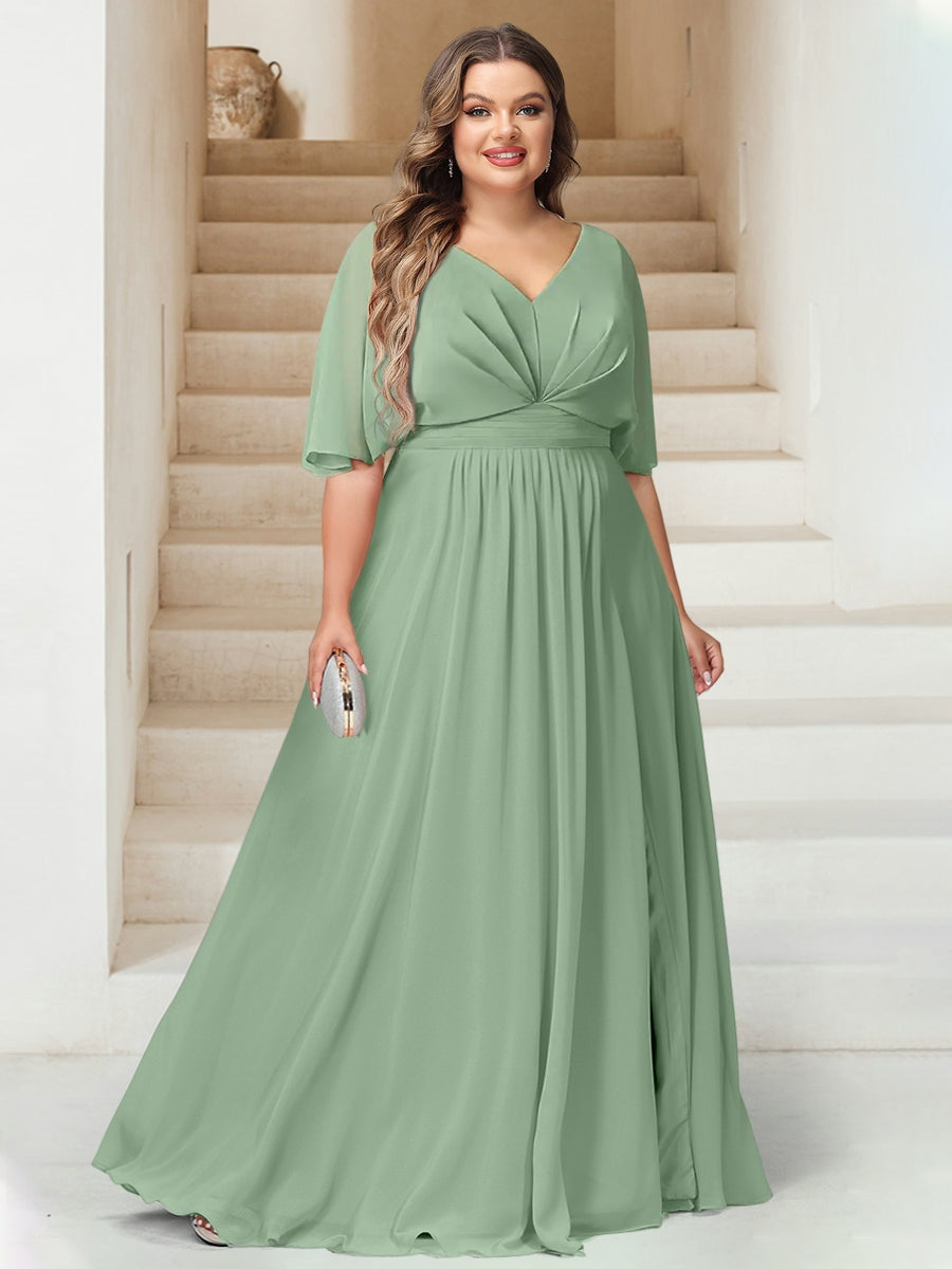 A-Line/Princess V-Neck Floor-Length Backless Plus Size Bridesmaid Dresses BabaMila