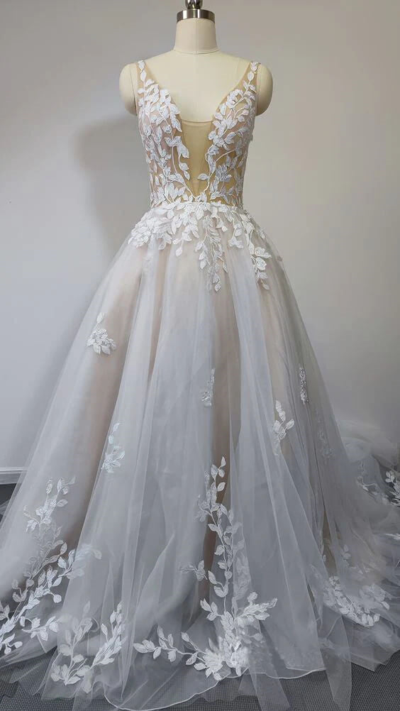 A-Line/Princess V-Neck Floor-length Lace Wedding Dress BabaMila
