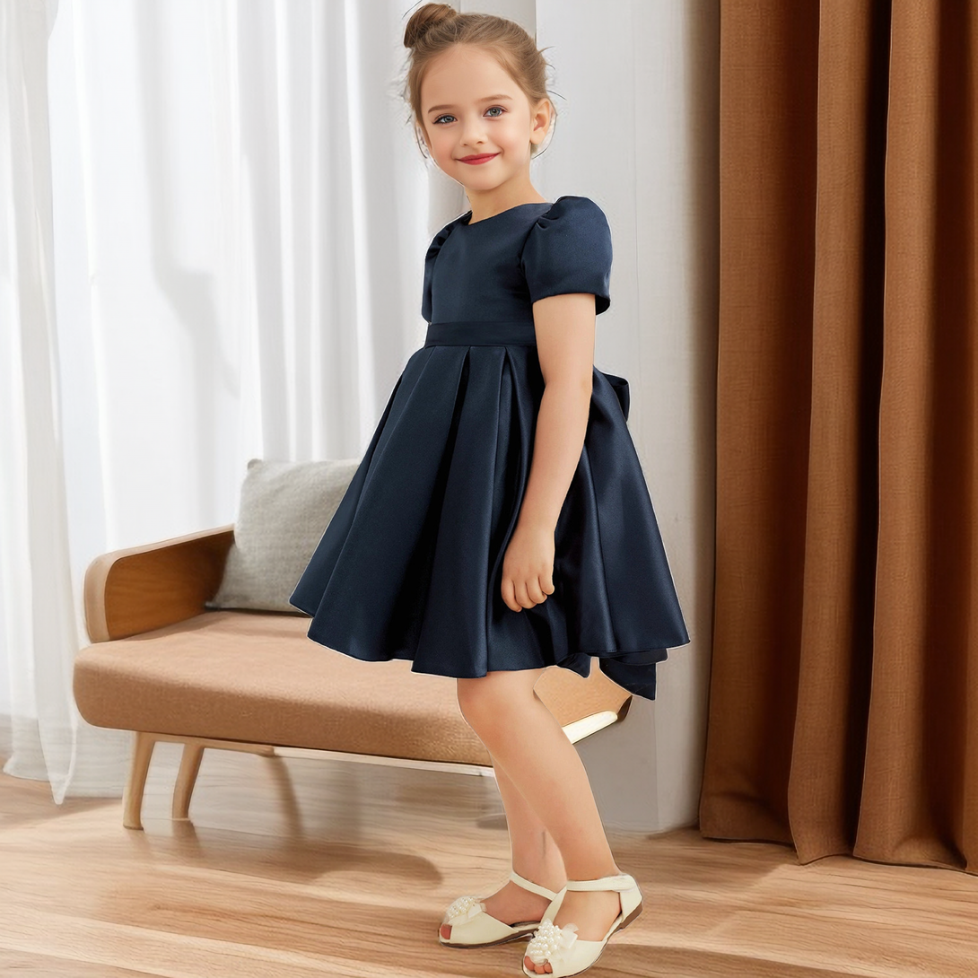 A-line Scoop Neck Short Sleeve Knee-Length Navy Blue Satin Flower Girl Dress with Bow Girls Gidiondress