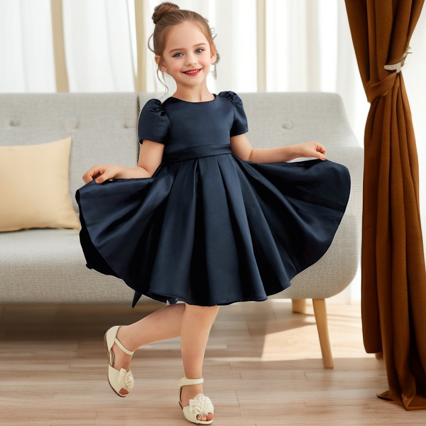 A-line Scoop Neck Short Sleeve Knee-Length Navy Blue Satin Flower Girl Dress with Bow Girls Gidiondress as picture 12M