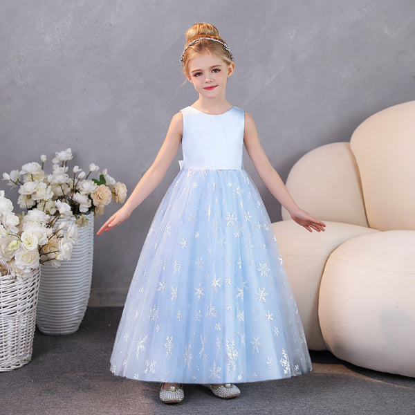 Girls Birthday Dresses Boat Neck Sleeveless Satin/Printed Tulle Floor-Length Party Dresses With Bow Gidiondress