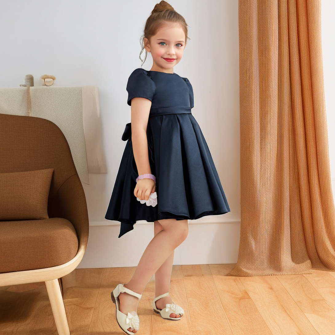A-line Scoop Neck Short Sleeve Knee-Length Navy Blue Satin Flower Girl Dress with Bow Girls Gidiondress