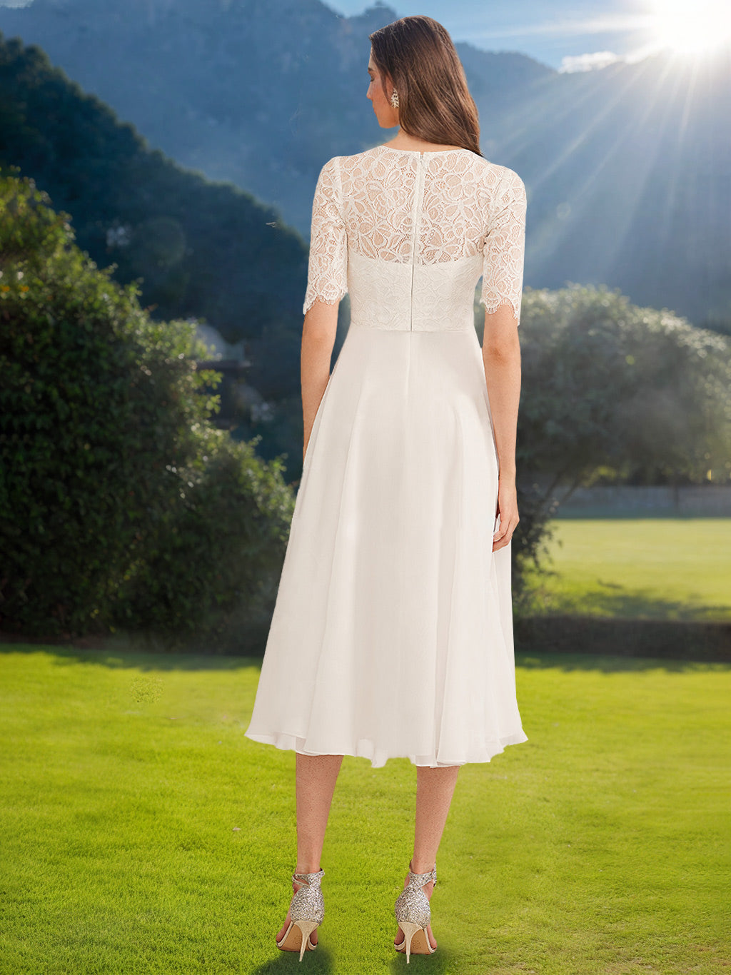 A-Line/Princess Scoop Half Sleeves Knee-length Lace Wedding Dress with Appliques & Ruffles BabaMila