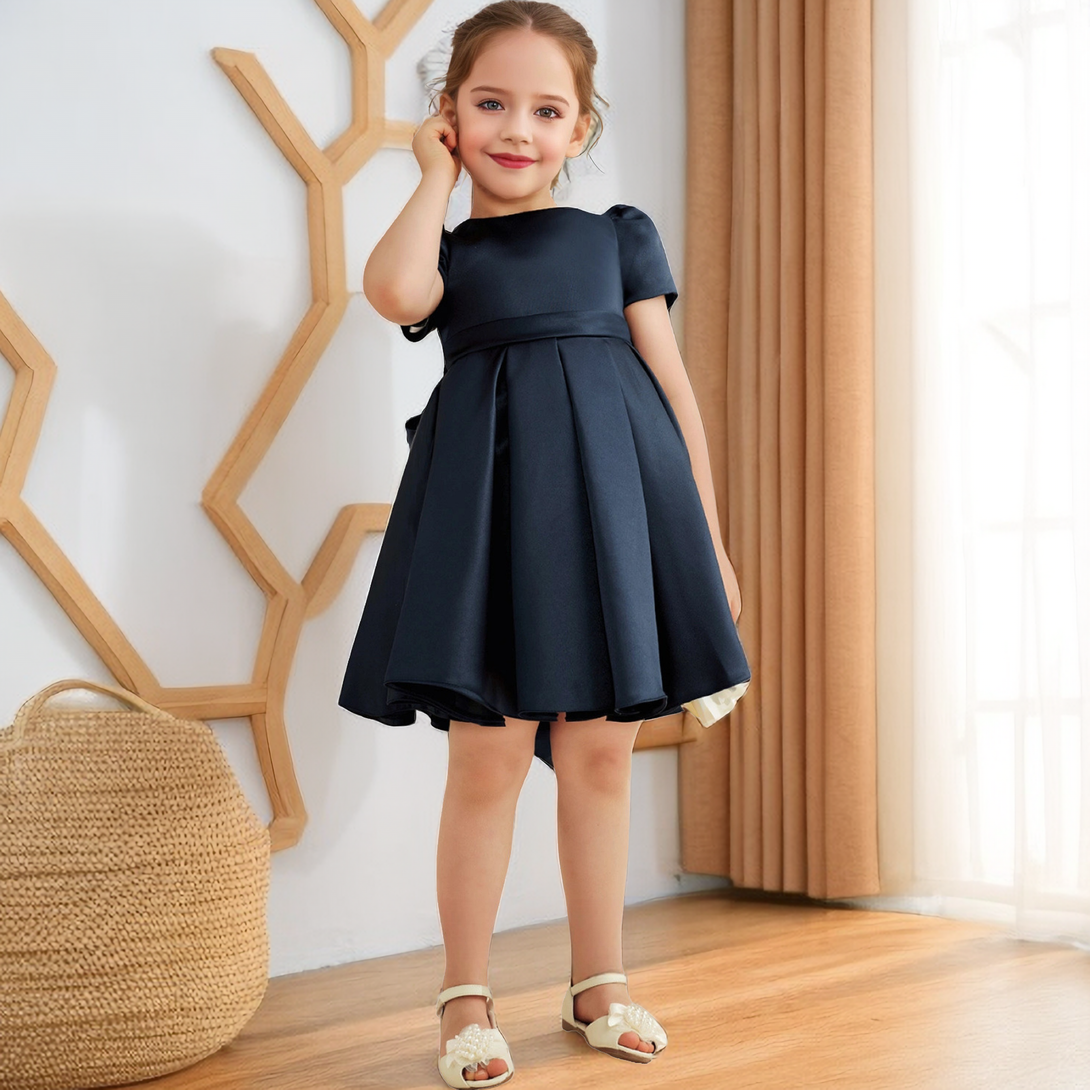 A-line Scoop Neck Short Sleeve Knee-Length Navy Blue Satin Flower Girl Dress with Bow Girls Gidiondress