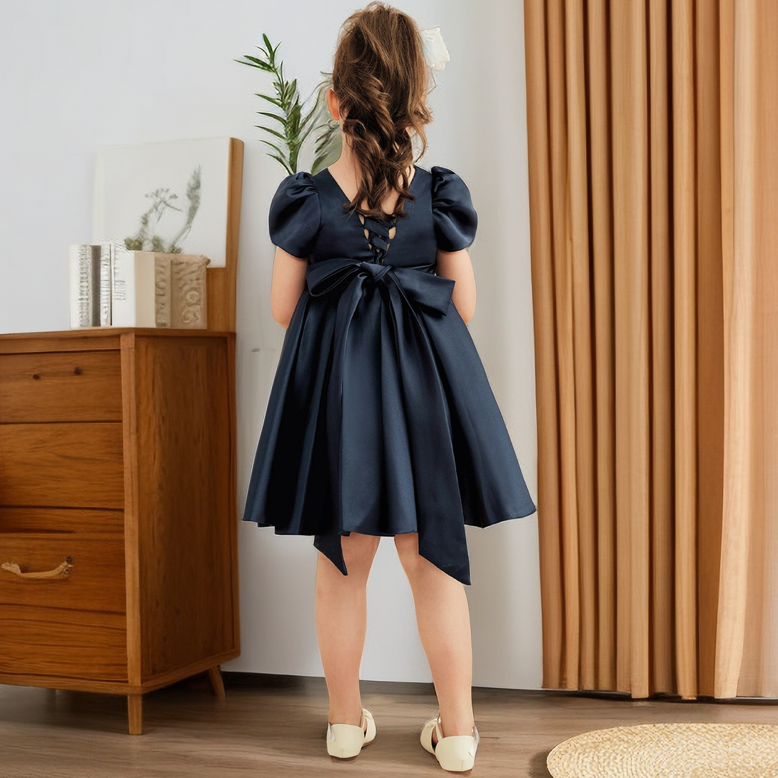 A-line Scoop Neck Short Sleeve Knee-Length Navy Blue Satin Flower Girl Dress with Bow Girls Gidiondress