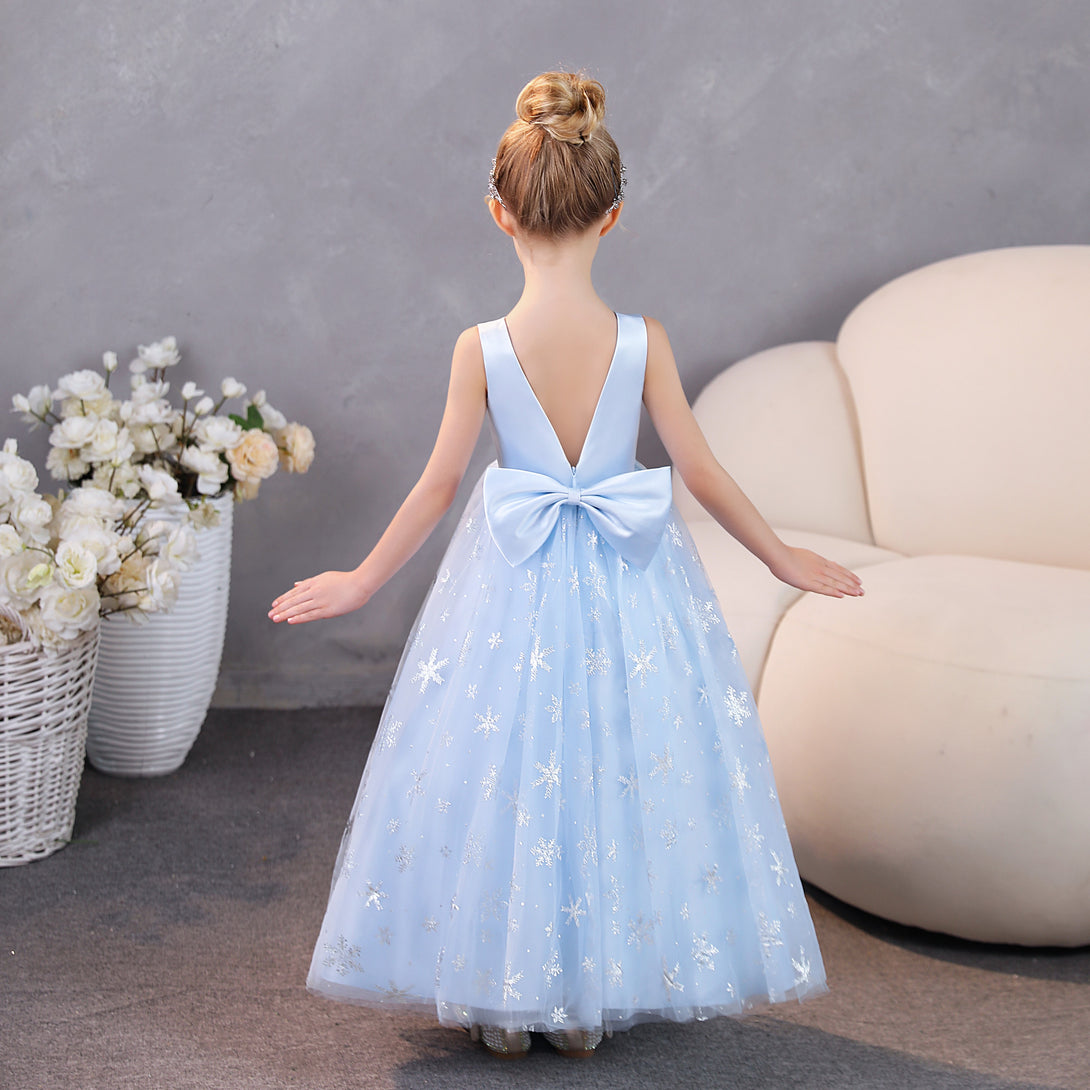 Girls Birthday Dresses Boat Neck Sleeveless Satin/Printed Tulle Floor-Length Party Dresses With Bow Gidiondress