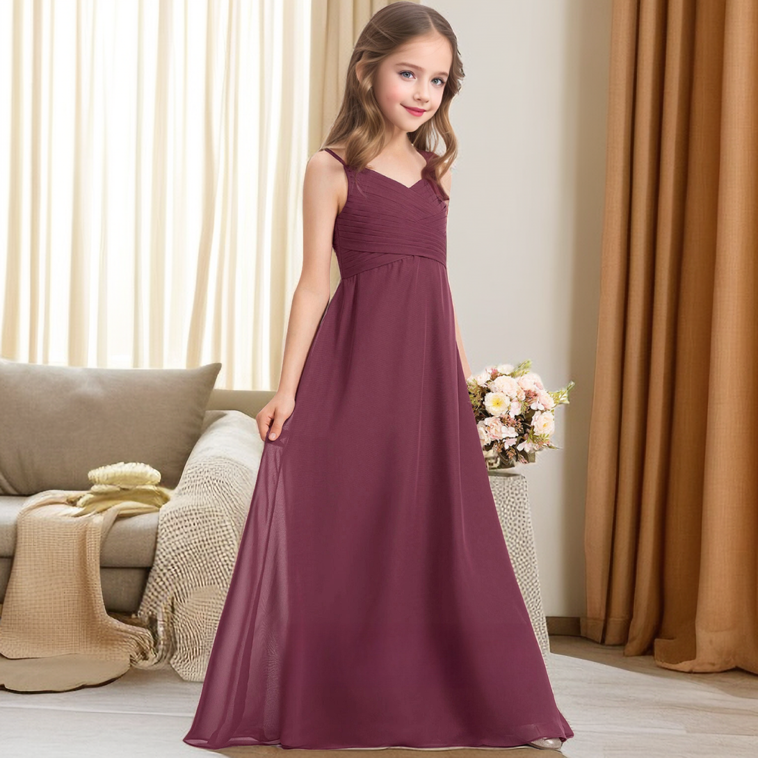 Simple V-Neck Spaghetti Straps Floor-Length Chiffon Junior Bridesmaid Dresses/Girls Birthday Dresses With Pleated Girls Gidiondress