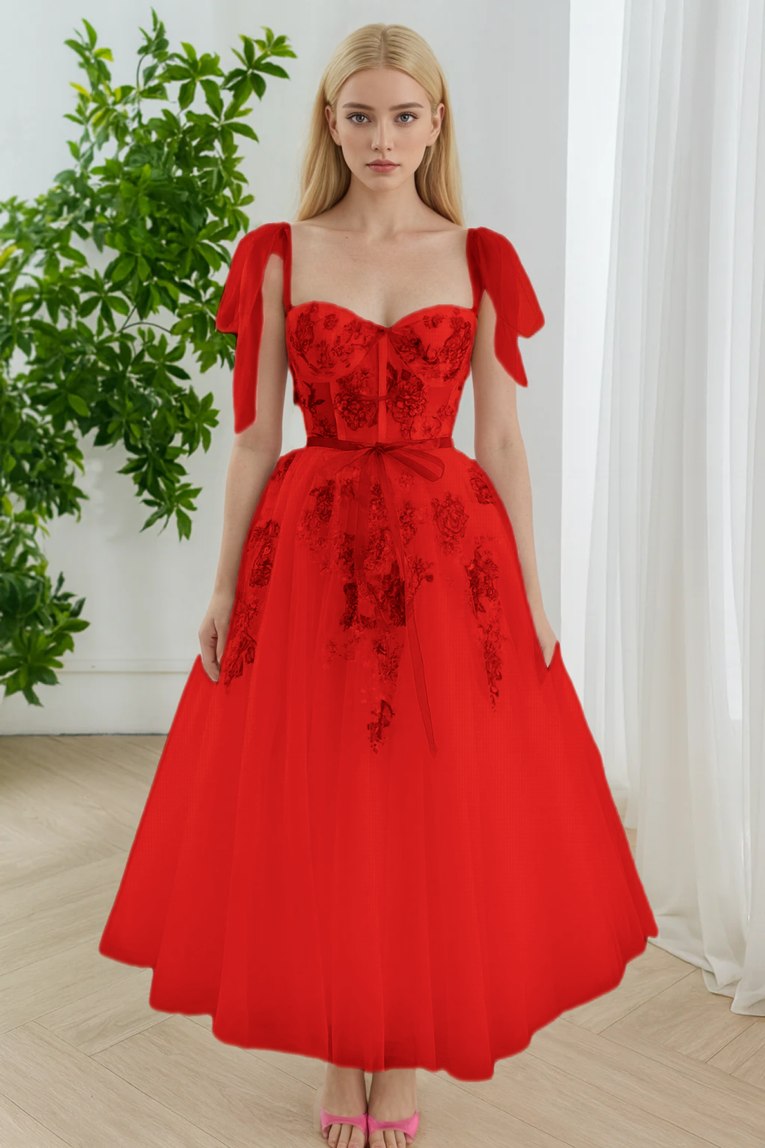 Floral Embroidered Prom Dress Tulle Midi Dress with Pink Ribbon Straps Floral Applique Tulle Gown Evening Party Dress BabaMila