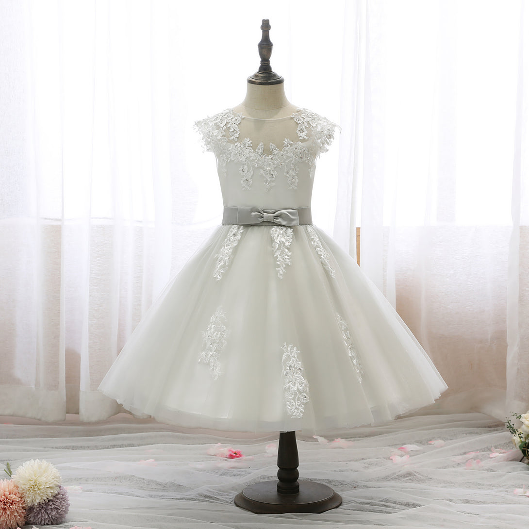 Boat Neck Sleeveless Knee-Length Lace/Satin/Tulle Girls Birthday Dresses With Appliques/Bow Belt Gidiondress