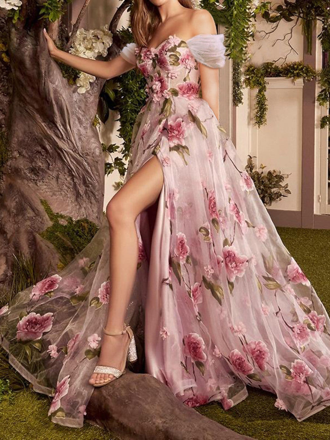 A-Line/Princess Off-the-Shoulder Floral Long Prom Pink Floral Dresses With Split Side/Appliques BabaMila