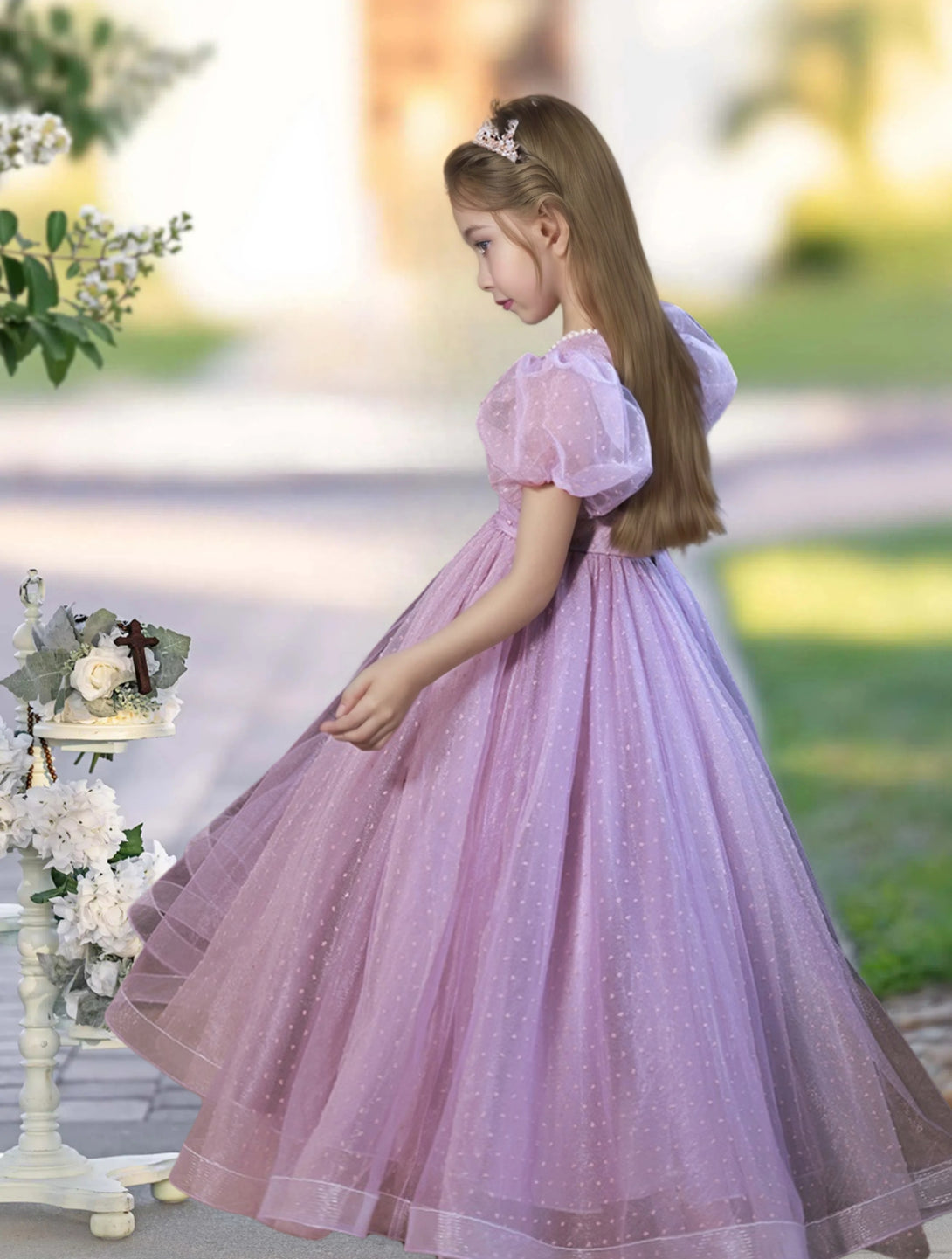Princesss/Ball Gown Short Sleeve Square Neck Floor-Length Satin/Polka Dots Tulle Holiday＆Christmas Dresses Gidiondress