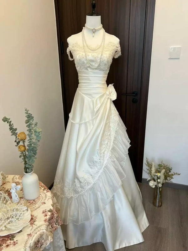 A-line/Princess Off-the-shoulder Ruched Wedding Dresses with Appliques/Pearls/Tulle BabaMila
