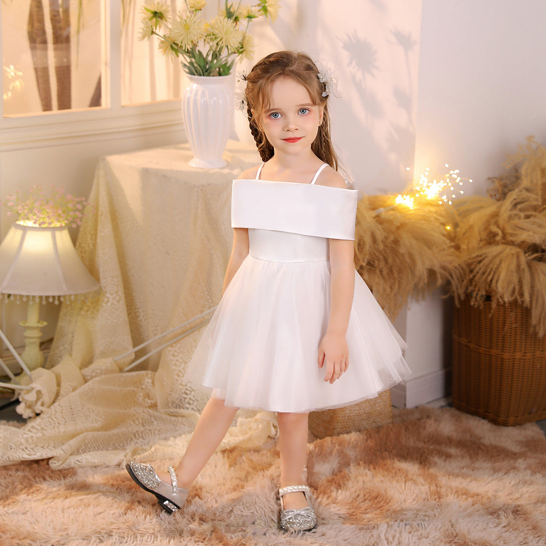 Ball Gown/Princess Cold Shoulder Satin/Tulle Ivory Knee-Length Flower Girl Dresses/Girls Birthday Dresses With Bow Girls Gidiondress