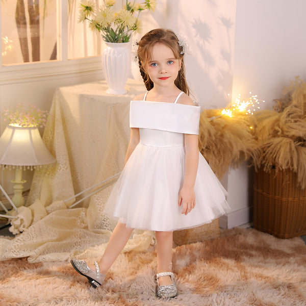 Ball Gown/Princess Cold Shoulder Satin/Tulle Ivory Knee-Length Flower Girl Dresses/Girls Birthday Dresses With Bow Girls Gidiondress