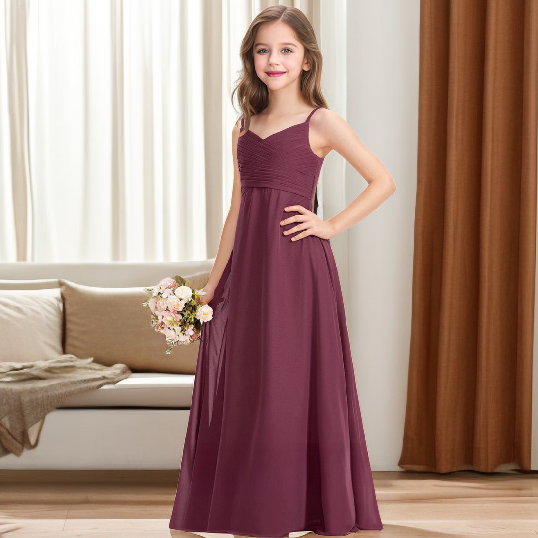 Simple V-Neck Spaghetti Straps Floor-Length Chiffon Junior Bridesmaid Dresses/Girls Birthday Dresses With Pleated Girls Gidiondress