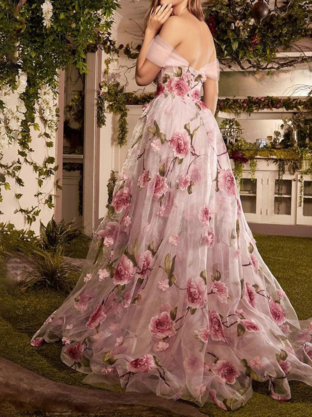 A-Line/Princess Off-the-Shoulder Floral Long Prom Pink Floral Dresses With Split Side/Appliques BabaMila
