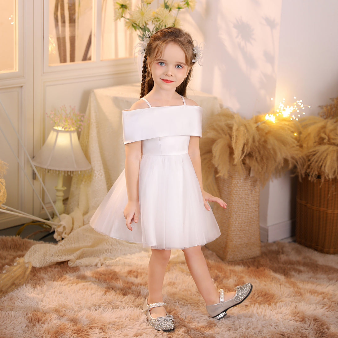 Ball Gown/Princess Cold Shoulder Satin/Tulle Ivory Knee-Length Flower Girl Dresses/Girls Birthday Dresses With Bow Girls Gidiondress
