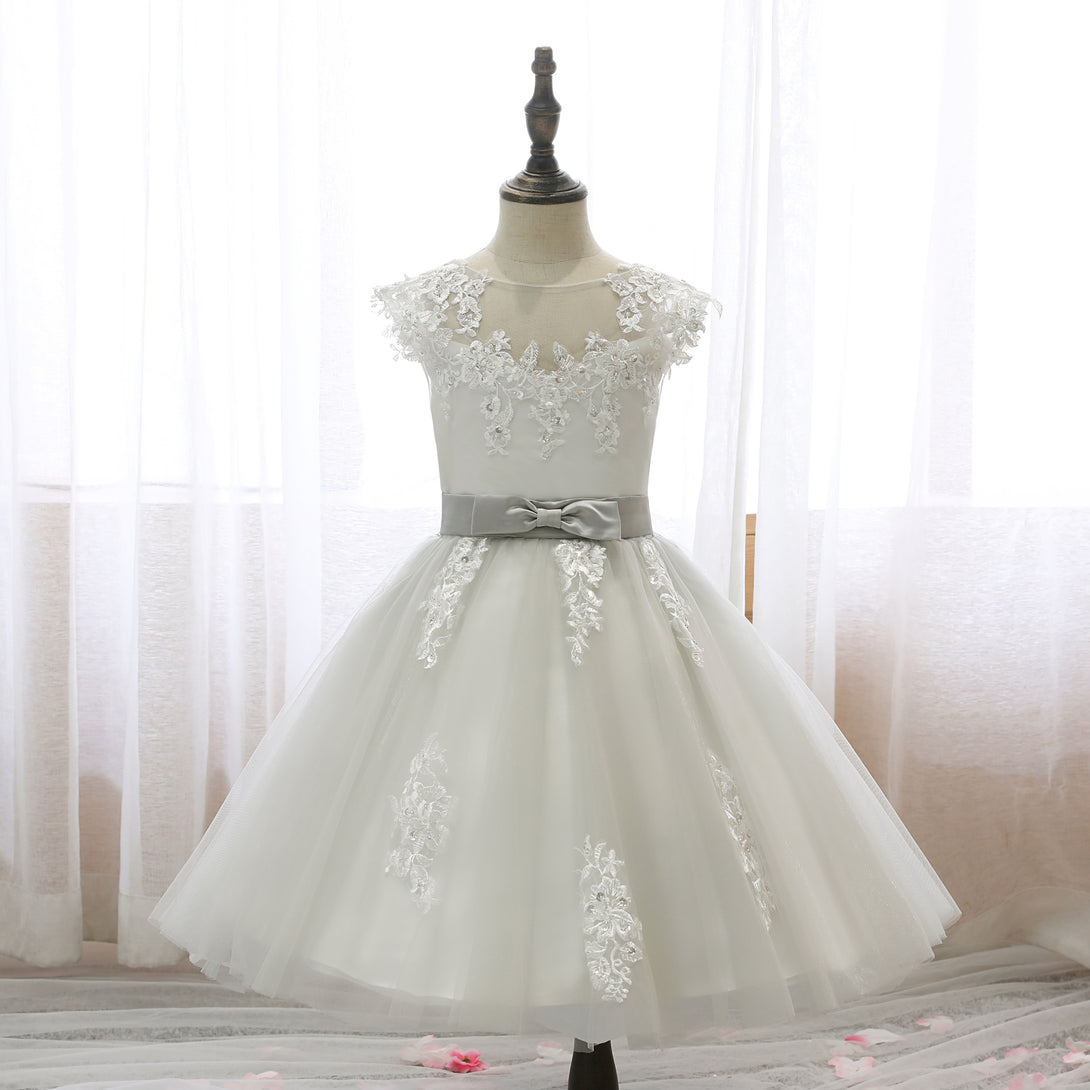 Boat Neck Sleeveless Knee-Length Lace/Satin/Tulle Girls Birthday Dresses With Appliques/Bow Belt Gidiondress