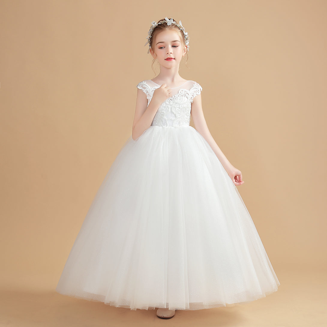 Princess Sleeveless Scoop Neck Floor-Length Tulle/Lace Flower Girl Dresses/First Communion Dress With Appliques/Bow Gidiondress