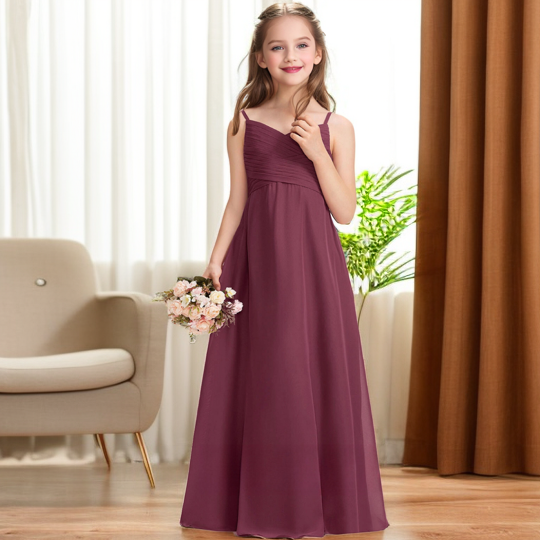 Simple V-Neck Spaghetti Straps Floor-Length Chiffon Junior Bridesmaid Dresses/Girls Birthday Dresses With Pleated Girls Gidiondress