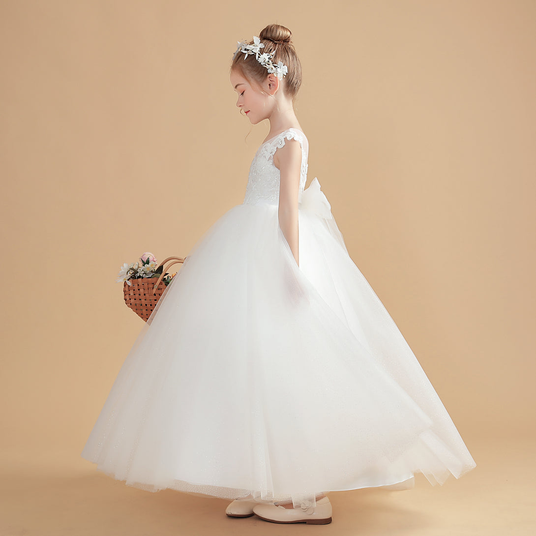 Princess Sleeveless Scoop Neck Floor-Length Tulle/Lace Flower Girl Dresses/First Communion Dress With Appliques/Bow Gidiondress