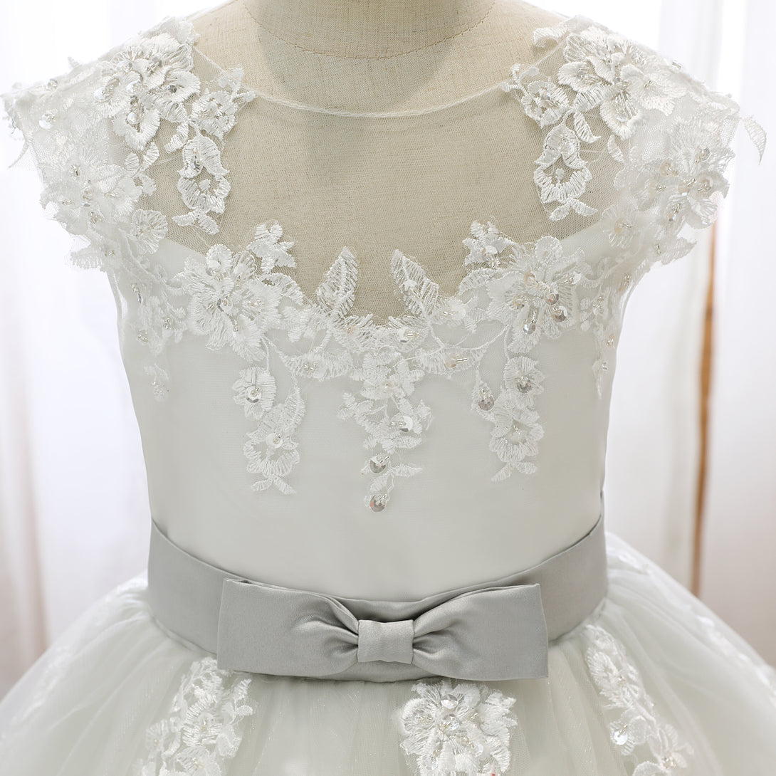 Boat Neck Sleeveless Knee-Length Lace/Satin/Tulle Girls Birthday Dresses With Appliques/Bow Belt Gidiondress