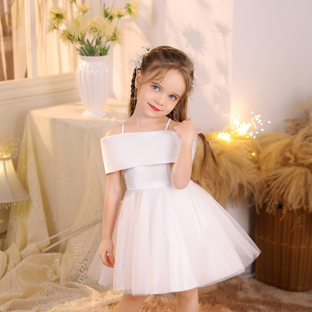Ball Gown/Princess Cold Shoulder Satin/Tulle Ivory Knee-Length Flower Girl Dresses/Girls Birthday Dresses With Bow Girls Gidiondress