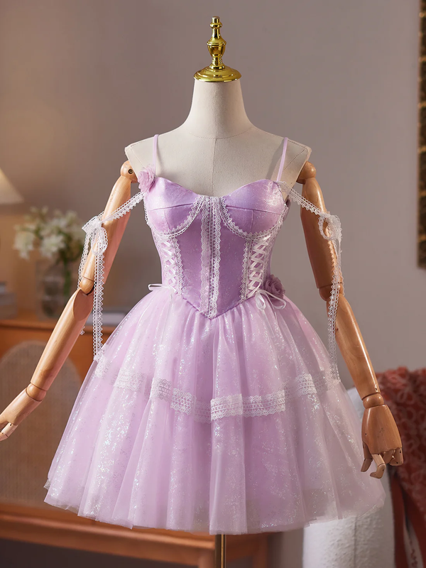 A-Line Tulle Lace Purple Short Prom Dress, Purple Homecoming Dress Homecoming Dress BabaMila