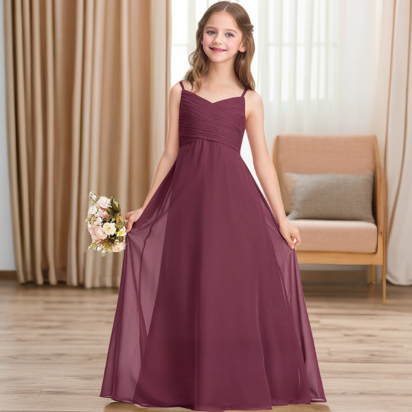 Simple V-Neck Spaghetti Straps Floor-Length Chiffon Junior Bridesmaid Dresses/Girls Birthday Dresses With Pleated Girls Gidiondress as picture 12M