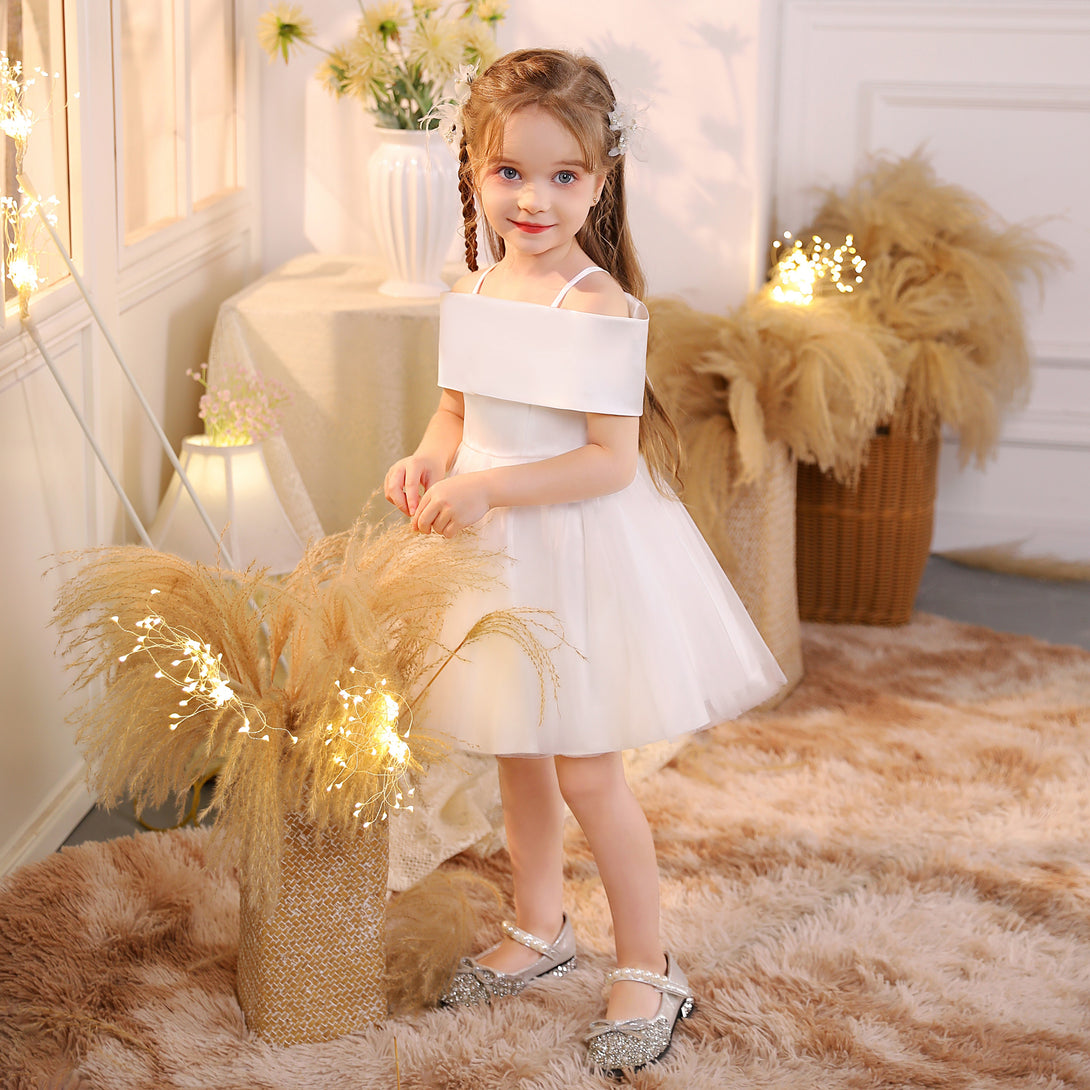 Ball Gown/Princess Cold Shoulder Satin/Tulle Ivory Knee-Length Flower Girl Dresses/Girls Birthday Dresses With Bow Girls Gidiondress