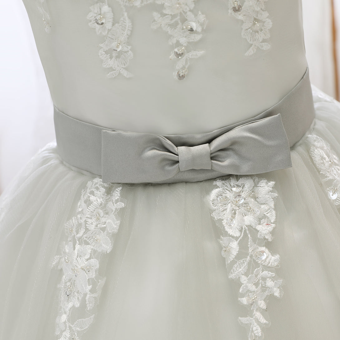 Boat Neck Sleeveless Knee-Length Lace/Satin/Tulle Girls Birthday Dresses With Appliques/Bow Belt Gidiondress