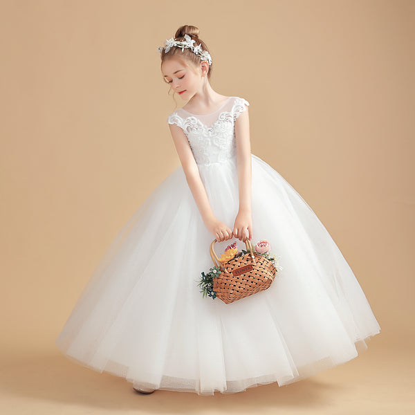 Princess Sleeveless Scoop Neck Floor-Length Tulle/Lace Flower Girl Dresses/First Communion Dress With Appliques/Bow Gidiondress